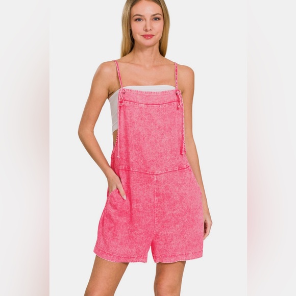 Zenana Washed Linen Knot Strap Rompers - Picture 1 of 3